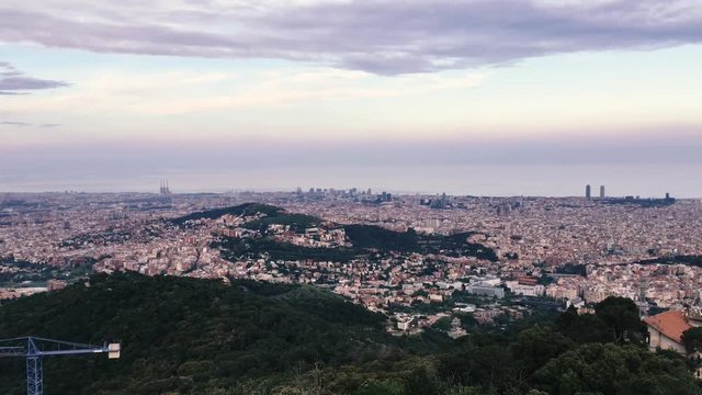 Barcelona, Spain. Evening Panorama Of The City Cityscape From Mountain Of Tibidabo