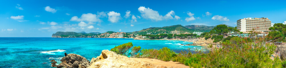 Fototapeta premium Seaside panorama view of beach at Paguera and Calvia coast, Majorca Balearic Islands, Spain Mediterranean Sea