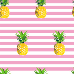 pineapple seamless pattern. pineapple on stripy background. hand drawn exotic fruit bright pattern. 