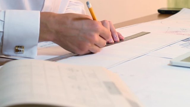 This stock video features a young male engineer at work, drawing at his office desk. Several drawing materials are spread across the table. 