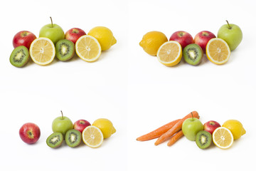 Fruits in a composition on a white background. Lemon with apples and kiwi on white background. Fruits with carrots on a white background.