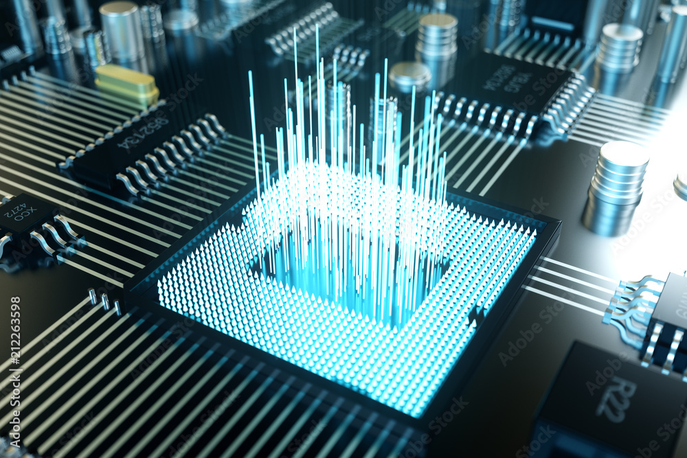 Poster 3d illustration computer chip, a processor on a printed circuit board. the concept of data transfer 