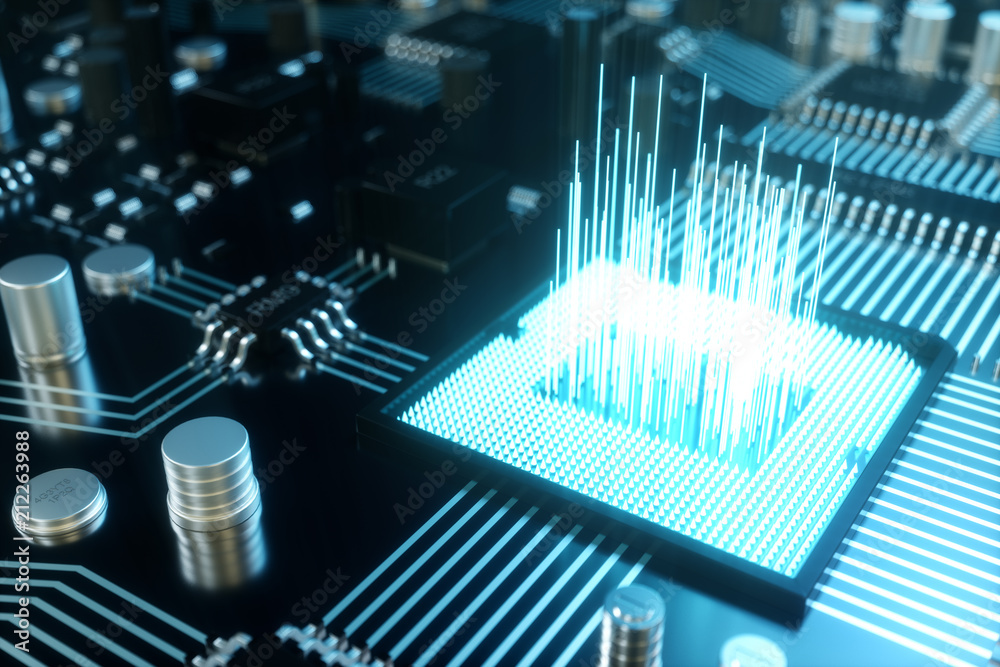 Poster 3d illustration computer chip, a processor on a printed circuit board. the concept of data transfer 