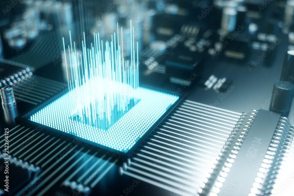 Poster 3d illustration computer chip, a processor on a printed circuit board. the concept of data transfer 