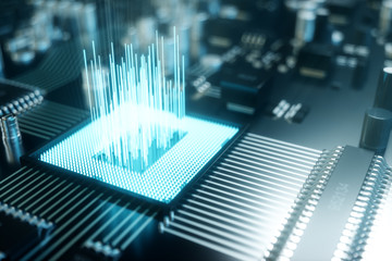 3D illustration computer chip, a processor on a printed circuit board. The concept of data transfer to the cloud. Central processor in the form of artificial intelligence. Data transfer