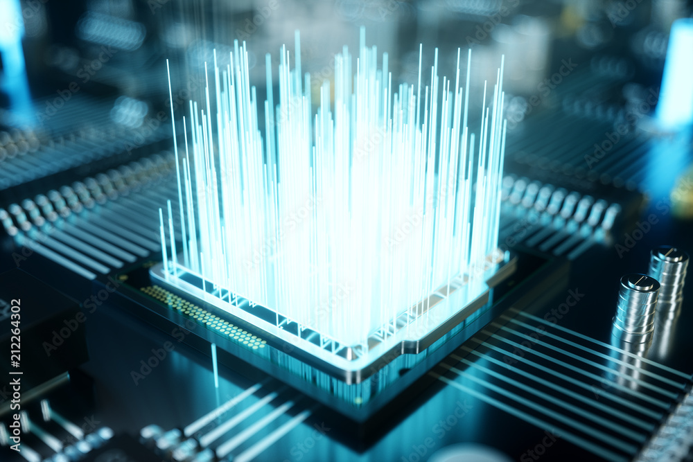 Poster 3d illustration computer chip, a processor on a printed circuit board. the concept of data transfer 
