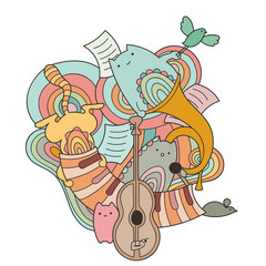 Vector doodle art with cute cats and musical instruments. Kawaii animals with guitar, trumpet and piano. Colorful illustration. 