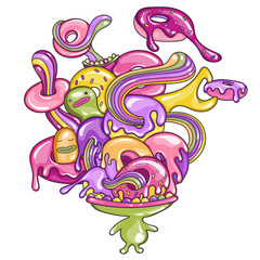 Obraz premium Colorful doodles monsters eat donut. Lots of donuts in the mouth of cute little man with big head. Bright colors with highlights. Vector illustration.