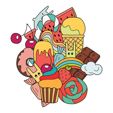 Vector doodle colorful illustration. Sweets in cartoon style with ice cream, cupcake and cute rabbits. Food pattern for creative design.
