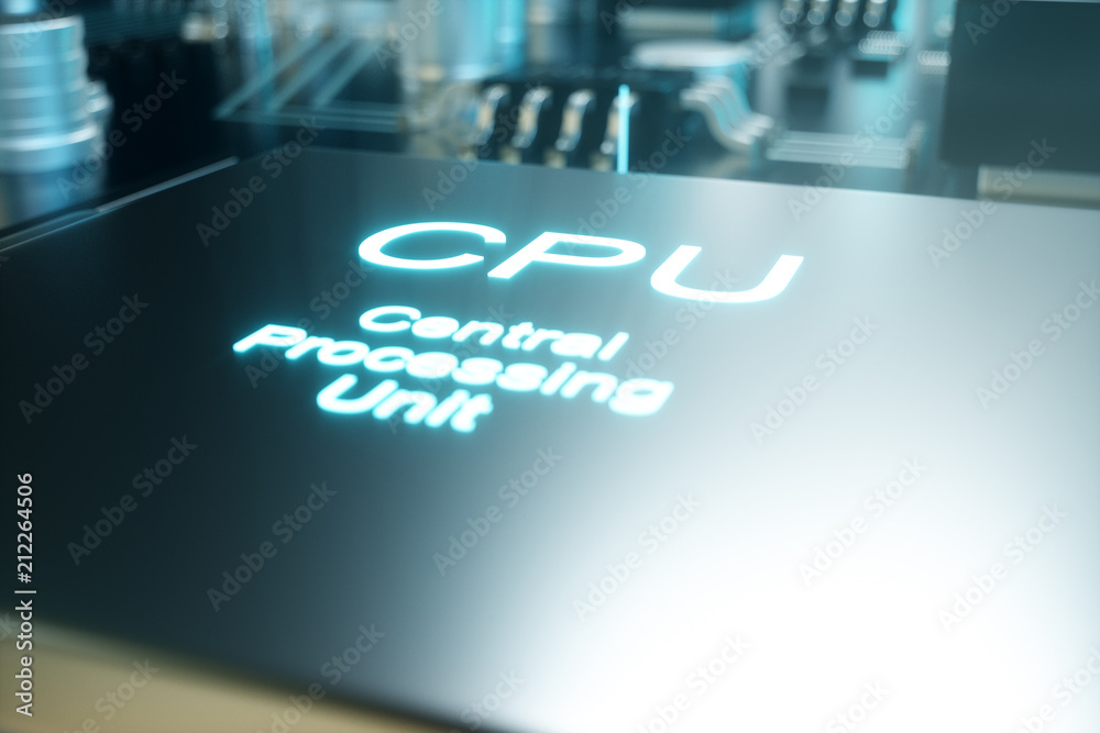 Poster 3d illustration computer chip, a processor on a printed circuit board. the concept of data transfer 