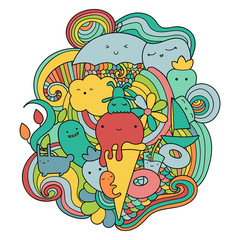Vector multicolored doodle illustration with ice cream, fruits and waves. Summer pattern for design. 
