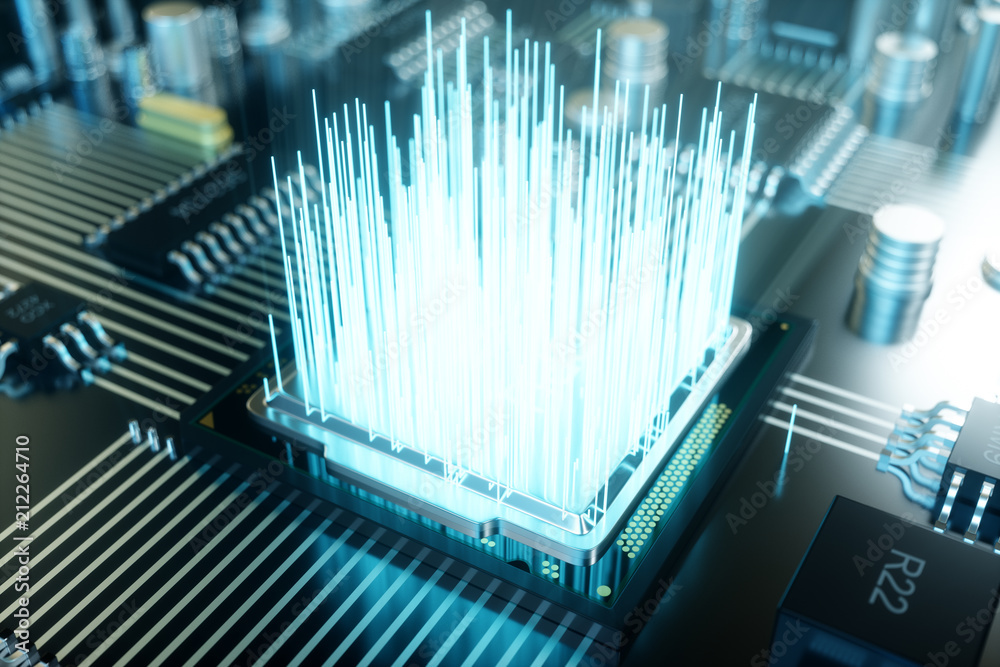 Poster 3d illustration computer chip, a processor on a printed circuit board. the concept of data transfer 