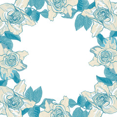 Card with a frame of large roses, vector Botanical illustration.