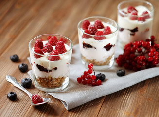 Natural yogurt with fresh berries and muesli. Healthy dessert.