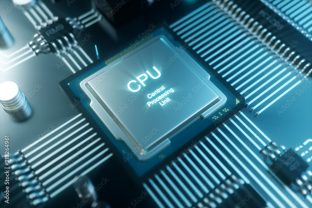 Poster 3d illustration computer chip, a processor on a printed circuit board. the concept of data transfer 