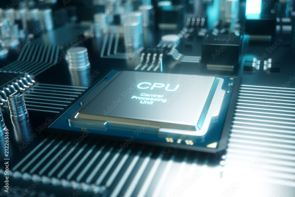 Poster 3d illustration computer chip, a processor on a printed circuit board. the concept of data transfer 