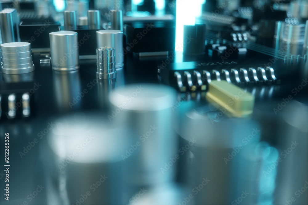 Poster 3d illustration computer chip, a processor on a printed circuit board. the concept of data transfer 