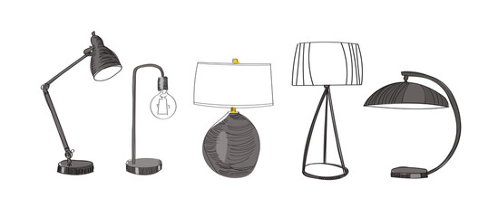 table lamp design collection. vector hand drawn illustration. home interior design. house decor. lamp sketch