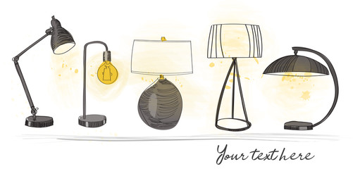 table lamp design collection. vector hand drawn illustration. home interior design. house decor. lamp sketch