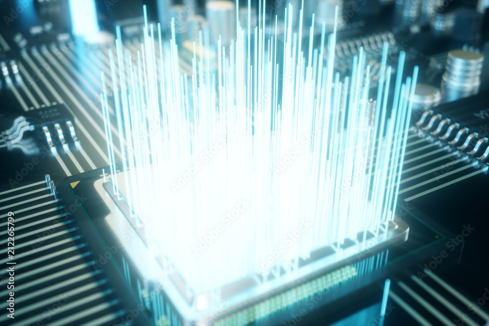 Poster 3d illustration computer chip, a processor on a printed circuit board. the concept of data transfer 