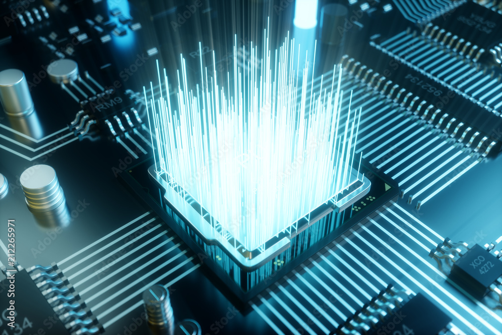 Aufkleber 3d illustration computer chip, a processor on a printed circuit board. the concept of data transfer 