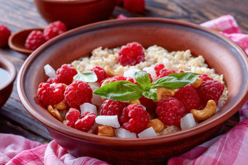 oatmeal porridge with fresh ripe raspberries