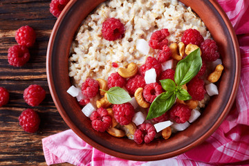 close-up of oatmeal porridge with berries