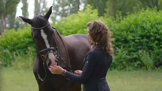 a young girl jockey is standing next to a brown racehorse in a harness. juicy selenium grass in the background. HD slow motion