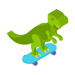 Dinosaur on skateboard. Dino Teenager cool. Tyrannosaurus rex in cap. Jurassic period beast predator player. Vector illustration