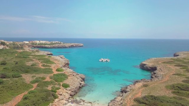 Tropical Ionian Greece Blue Lagoon island Aerial 4k travel video. Ocean sea forest coast seashore, water, yacht boat