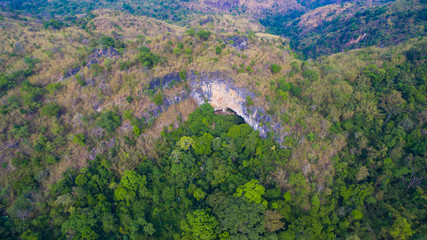 aerial photography landscape of Thanlod Yai cave to Thanlod Noi cave between two caves there have many waterfall along the way water from Thanlod Yai cave pass in to Than Lod Noi cave