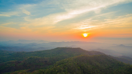 Naklejka na ściany i meble aerial view scenery sunset above Thanlod Yai cave in Kanchanaburi