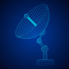 Directional radio antenna with satellite dish. Astronomy radio telescope . Wireframe low poly mesh vector illustration