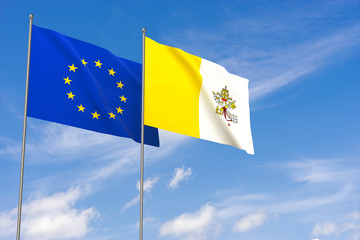 European Union and Vatican City flags over blue sky background.