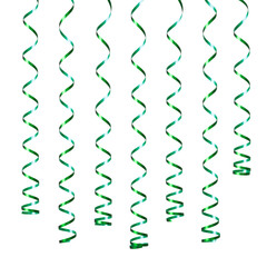 Green carnival curling serpentine streamers isolated on white background