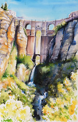 El Tajo Gorge Canyon with  bridge  in Ronda, Andalusia, Spain.Picture created with watercolors.