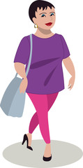 Lady wearing tunic top and leggings, carrying a shoulder bag, walking.