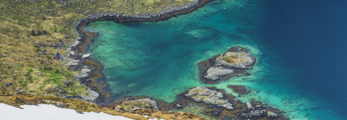 Red Lonely House Near Lake, Norwegian Rorbu Near Lake, Aerial View, Lofoten islands, Norway