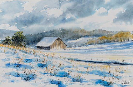 An old abandoned barn house has been covered with snow on the fields.Picture created with watercolors.