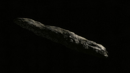 Oumuamua Comet moving through space isolated on star background, detailed texture and lighting, Realistic