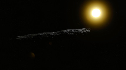 Oumuamua Comet moving through space with the sun and stars in background, Realistic and detailed