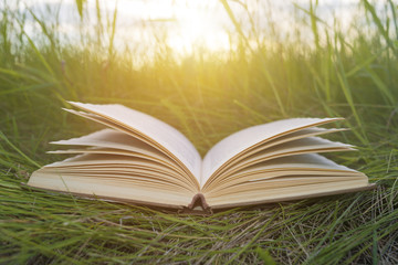 an open book on the green grass, a glare of the sun. Concept training, education, back to school. reading books in the park outdoors