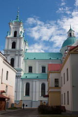 Sights and views of Grodno. Belarus. View of the Farny Church from the courtyard.