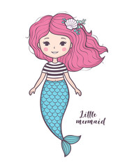 Cute little mermaid. Beautiful cartoon mermaid girl with pink hair, character design, isolated on white background. Vector illustration.