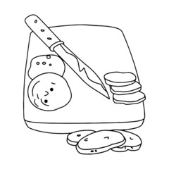 Chopping board and knife cartoon illustration isolated on white background for children color book