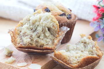 Homemade bakery banana muffin on wood table.