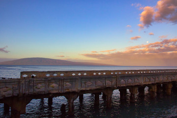 Fototapeta na wymiar View of Lanai from Mala Pier on Maui.