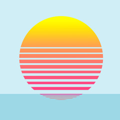 Illustration of a minimalist beach with a sun at sunset in yellow, orange and pink tones. Background is a calm blue sea and clear blue sky.