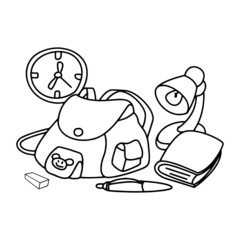 School equipments cartoon illustration isolated on white background for children color book