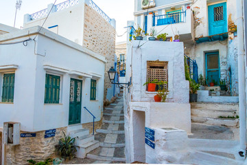 Paved narrow alley of Ano Syros in Syros island, Cyclades, Greece. Street view